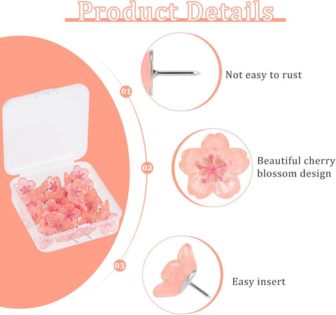 25Pcs Cherry Blossoms Push Pins, Pink Resin Glitter Flower Push Pins Decorative Thumb Tacks for Wall Hangings, Bulletin Board,Maps, Office Wall...