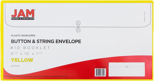 JAM PAPER Plastic Envelopes with Button & String Tie Closure - #10 Business Booklet - 5 1/4 x 10 - Yellow - 12/pack...