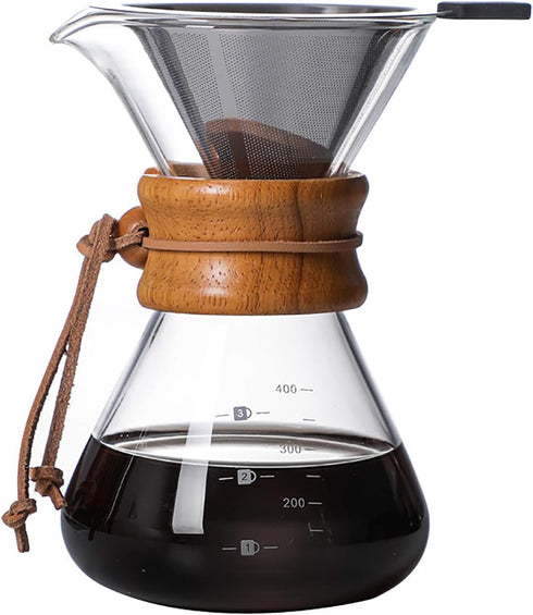 Pour Over Coffee Maker with Reusable Stainless Steel Drip Filter, Lead-Free Borosilicate Glass Coffee Carafe with Modern Wooden Collar for 1-2Cup,...