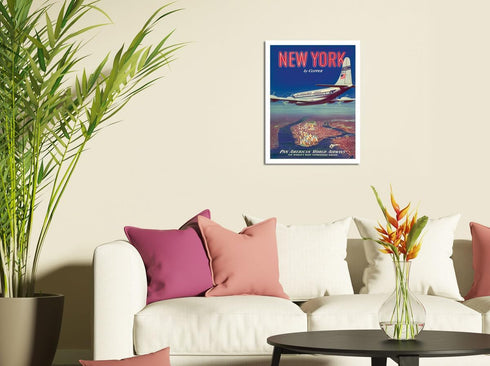 New York USA by Clipper - Boeing 377 over Manhattan Island - Pan American World Airways - Vintage Airline Travel Poster c.1950 - Fine Art Matte Pa...