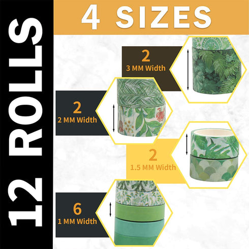 CCINEE 12 Rolls Green Washi Tape Set,Tropical Greenery Leaves Masking Tape for Bullet Journal Scrapbooking Planners Craft Supply...