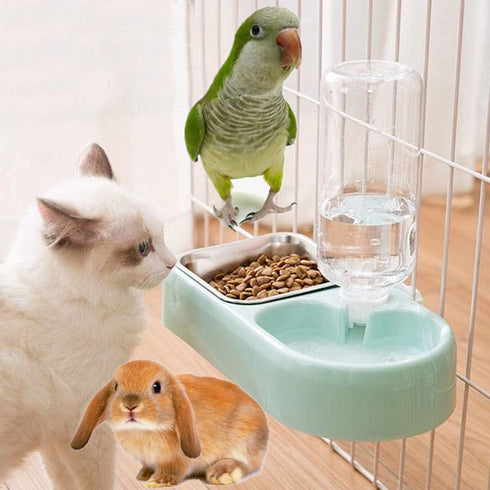 Cage Dual Bowl, Crate Hanging Double Dog Cat Bowls, Pet Water and Food Bowl Set with Automatic Water Dispenser Bottle Detachable Stainless Steel B...