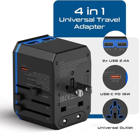 Ceptics Universal Travel Plug Adapter - Powerful 33W with PD & QC 3.0 USB-C Fast Charging - 2 USB Ports Wall Charger Type I C G A Outlets 110V 220...