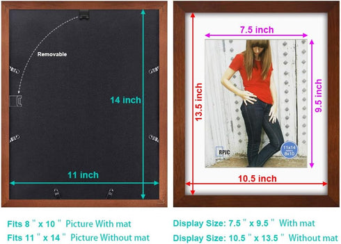 RPJC 11x14 Picture Frames Made of Solid Wood and High Definition Glass Display Pictures 8x10 with Mat or 11x14 Without Mat for Wall Mounting Photo...
