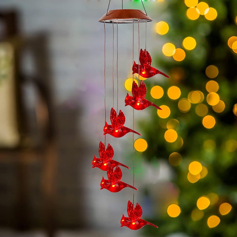 Solar Red Bird Wind Chimes, Color Changing Solar Powered Red Cardinal Bird Wind Chime Wind Moblie LED Light, Mobile Hanging Wind Chimes Portable O...