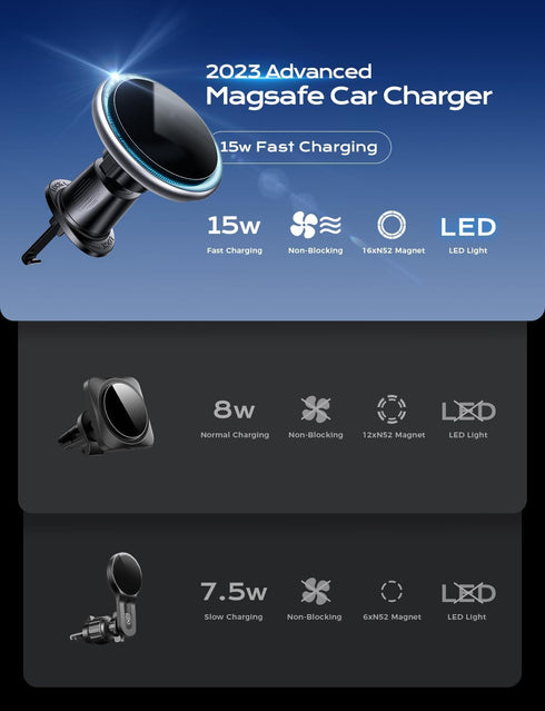 Magsafe Car Mount Charger, 15W Fast Charging LED Magnetic Wireless Car Charger, Air Vent Phone Holders for Your Car Magsafe Car Phone Holder for i...