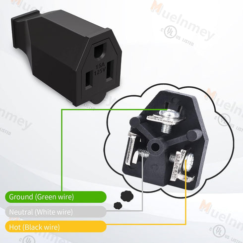 1 PCS Extension Cord Ends Electrical Replacement Connector NEMA 5-15R 15A 125V Black Shell 2Pole 3Wire Grounding Female Electric Replacement Plug...