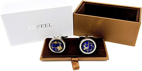 LBFEEL Really Spins Rhodium Plated Blue Globe Earth Cufflinks for Men with a Gift Box...