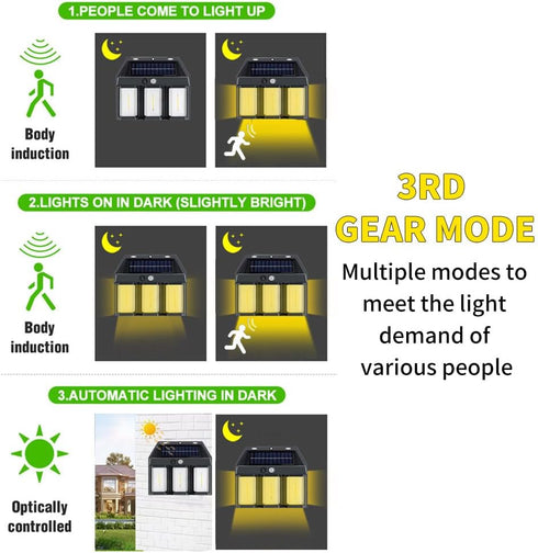 3 LED Outdoor Solar Induction Warm Light Wall Lamp, Adjustable 3-Mode Courtyard Light, Wireless Dusk to Dawn Motion Sensor Searchlight IP65 Waterp...