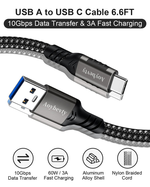 USB A to USB C Cable 6.6ft, 10Gbps Data Transfer and 60W 3A Fast Charging Cable, USB C 3.1/3.2 Cable for Android Auto Samsung S21/S20/S10/Note 20,...