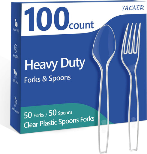 100 Count Plastic Silverware Heavy Duty -50 Forks, 50 Spoons, BPA-Free, Heat Resistant, Disposable Plastic Utensils Set, Plastic Cutlery Set, Plas...
