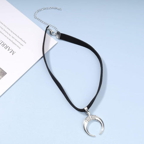 Punk Moon Leather Choker Necklace Black Leather Cord Necklace Silver Moon Pendant Necklace Gothic Velvet Collar Necklace Chain Jewelry for Women a...