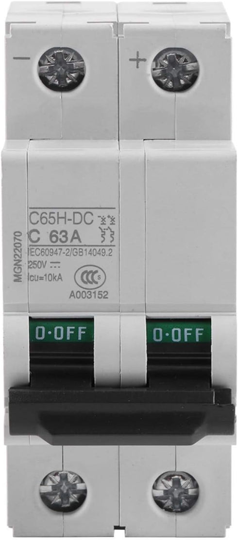 2-Pole Circuit Breaker, 250V DC 2P DIN Rail Mount Miniature Circuit Breaker, 16A/32A/63A 1pc for Solar Panels Grid System Wind, Solar System & Oth...