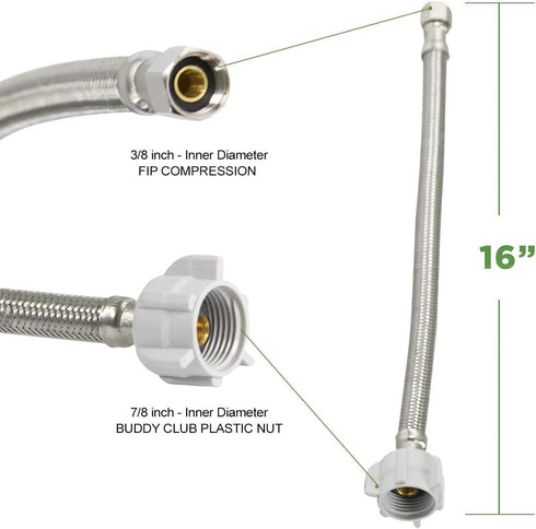 CNCT27416-OM1 Hose Connects to Water, Braided Stainless Steel Supply Line, 3/8 Compression x 7/8 Female Balcock Nut Toilet Connector 16 Inch...