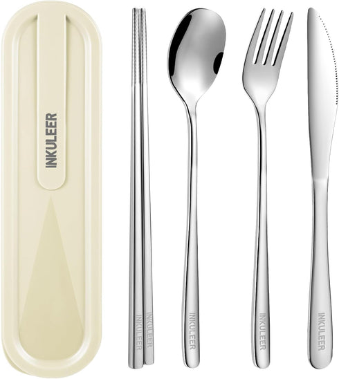 INKULEERTravel cutlery set, 18/8 stainless steel cutlery, Reusable utensils set with case, Portable Silverware Lunch Box for Camping and Office (S...