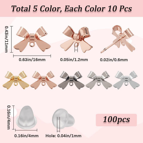 1 Box 50Pcs Bow Earring Post Bow Stud Earring Post Gold Brass Real 18k Gold Plated Earring Stud with Ear Nuts Bowknot Stud Earring Findings for Je...