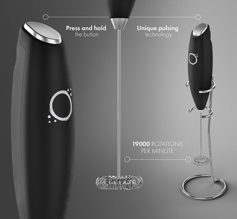 Handheld Milk Frother for Coffee - Stainless Steel Electric Drink Mixer & Matcha Whisk - Ergonomic Hand Frother With Stand & Recipes (Black)...