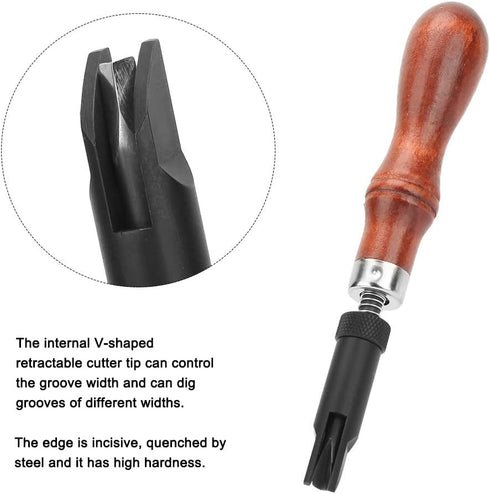 V Type Push Groover, Adjustable Wood Handle Leather Craft Hand Tool V Type Push Grooving Device Leather Grooving Craft Gouge Tool for Professional...