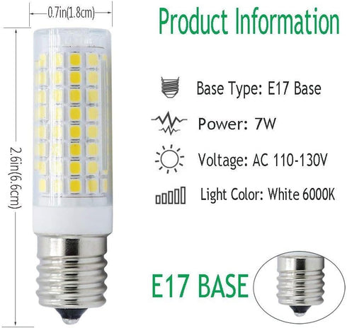 E17 LED Bulb,Dimmable 8W,80W Halogen Bulb Equivalent,800Lm,AC120V,E17 Bulb White 6000k,for Over Counter Microwave Ovens(Pack of 2)...
