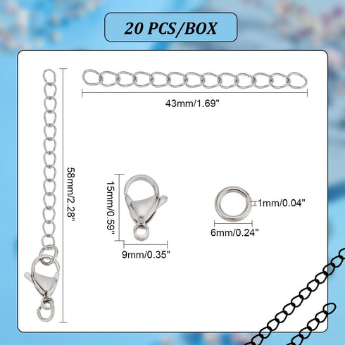 PH PandaHall 20pcs 304 Stainless Steel Necklace Extenders, 2.2 Inch Bracelet Extender Chain Jewelry Chain Extension Set with Lobster Claw Clasps f...