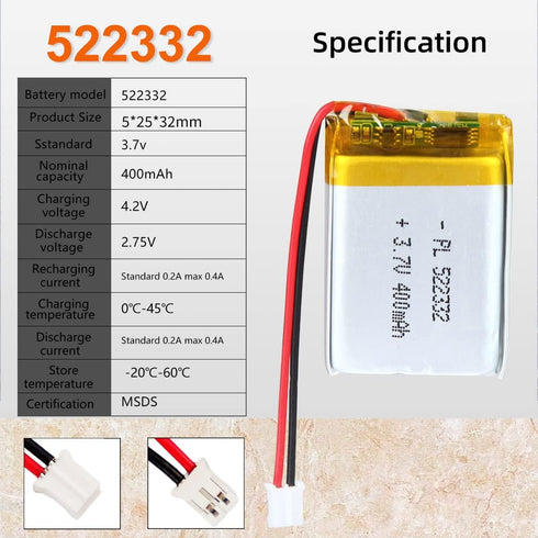 3.7V 522332 400mAh Lipo battery Rechargeable Lithium Polymer ion Battery Pack with PH2.0mm JST Connector...