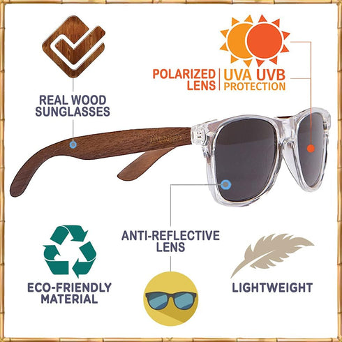 Woodies Polarized Walnut Wood Clear Frame Sunglasses for Men and Women | 100% UVA/UVB Ray Protection...
