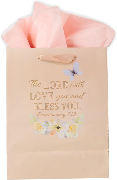 Christian Art Gifts Gift Bag/Tissue Paper Set Abundantly Blessed Deuteronomy 7:13 Bible Verse, Pink Butterfly, Medium...