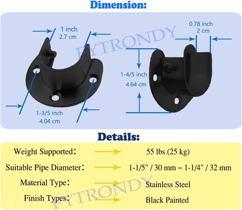 Black Edition Stainless Steel Wardrobe Closet Rod Bracket, U-Shaped Open Type Socket Bracket, Shower Curtain Rod Pole End Supports Sockets Flange ...