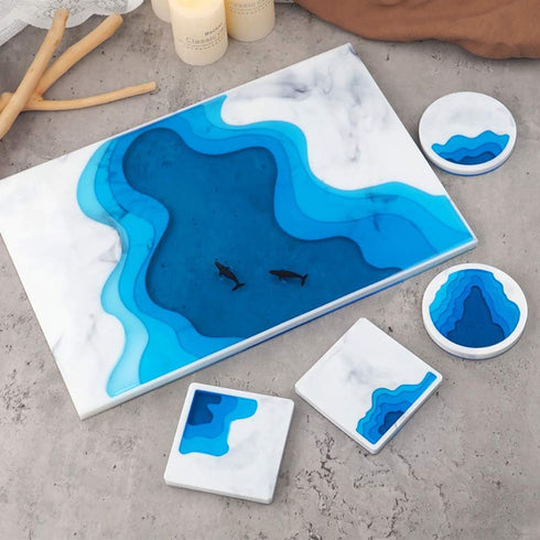 Multilayer Ocean Terraced Landscape Epoxy Resin Coaster Mold, DIY Resin Casting Rectangle Coaster Silicone Mold, 4 in 1, Each Size 3.4"...