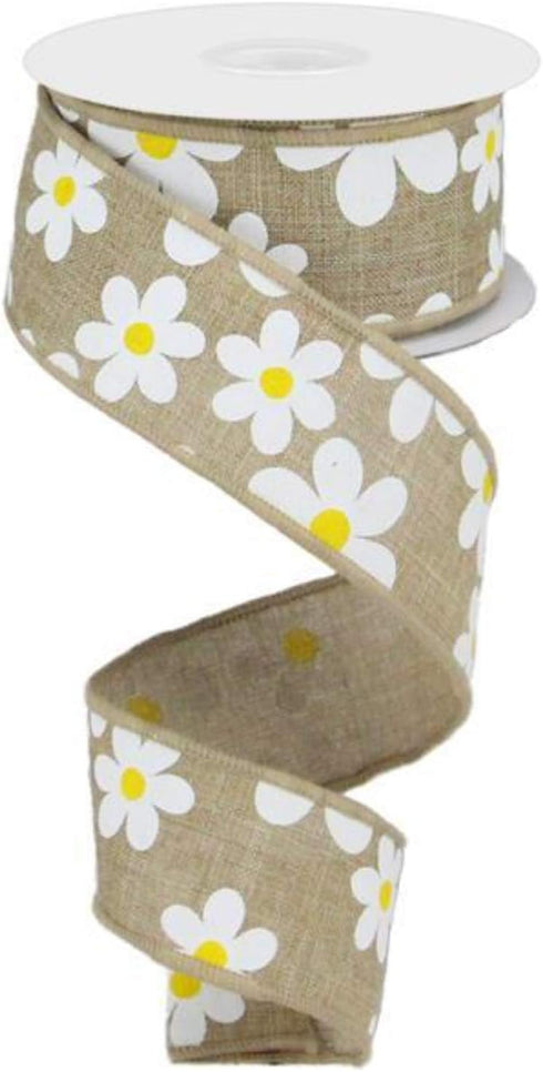 Daisy Flower Canvas Wired Edge Ribbon, 10 Yards (Light Beige, 1.5")...