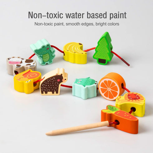 Montessori Educational Wooden Lacing Beads Toys for Toddler 3 4 5 Year Old, Farm Animals Fruits Vegetables Threading Toys Preschool Stringing Fine...