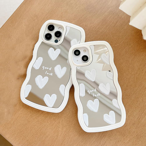LSL Compatible with iPhone 13 case Cute Heart Mirror Curly Wave Frame Shape Slim Silicone Shockproof Protective Cover Case for iPhone 13 Women Gir...
