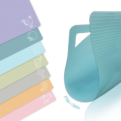 7 Pieces Plastic Flexible Cutting Boards for Kitchen, Non Slip Cutting Mats with Food Icons, Easy-Grip Handles, BPA- Free, 15"x12"...