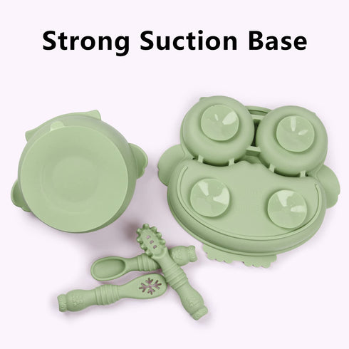 Owl Shape Silicone Baby Feeding Set, Toddler Suction Plates and Bowls Set with Spoons, Kids Silicone Dinnerware Set Eating Utensils, Green...