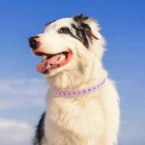 BINGPET Dog Leather Collar, Adjustable Dog Real Split Leather Studded Pet Collar, Durable Doggy Collars for Small Medium Large Dogs, Pink S...