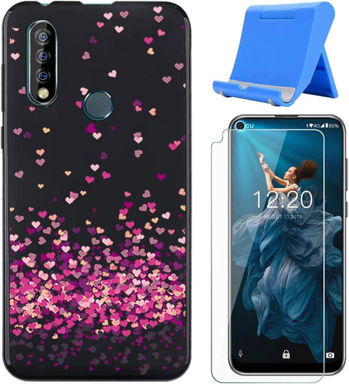 Case for Oukitel C17 Pro with Phone Stand + Tempered Glass Screen Protector, Flexible Soft Black TPU Red Heart Shell Silicone Gel Protective Case ...