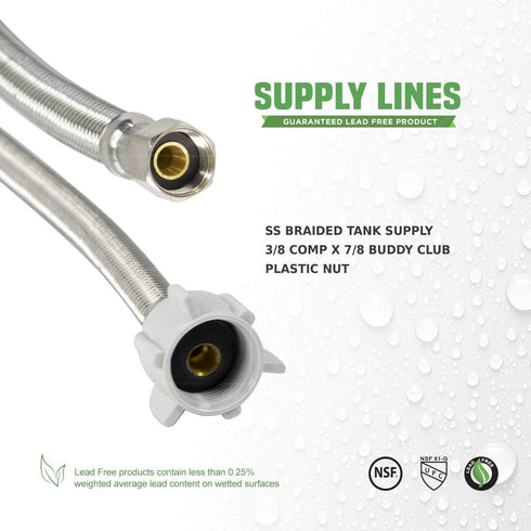 CNCT27416-OM1 Hose Connects to Water, Braided Stainless Steel Supply Line, 3/8 Compression x 7/8 Female Balcock Nut Toilet Connector 16 Inch...