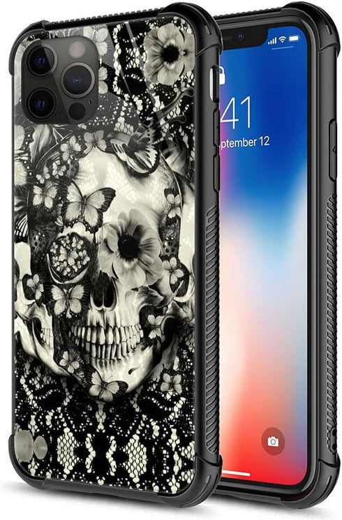 ZHEGAILIAN Case Compatible with iPhone 13 Pro Max Case,Victorian Gothic lace Skull Case,Tempered Glass Back+Soft Silicone TPU Shock Protective Cas...