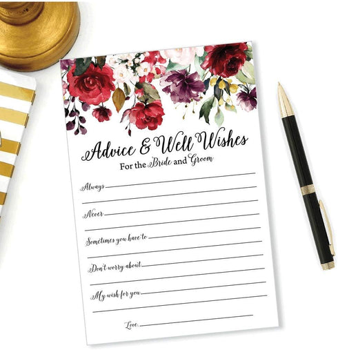 Pack of 50 Wedding Advice Cards for Bride and Groom- Burgundy Well Wishes for Bride-Bridal Shower Games for Guests, Reception, Bridal Shower Guest...