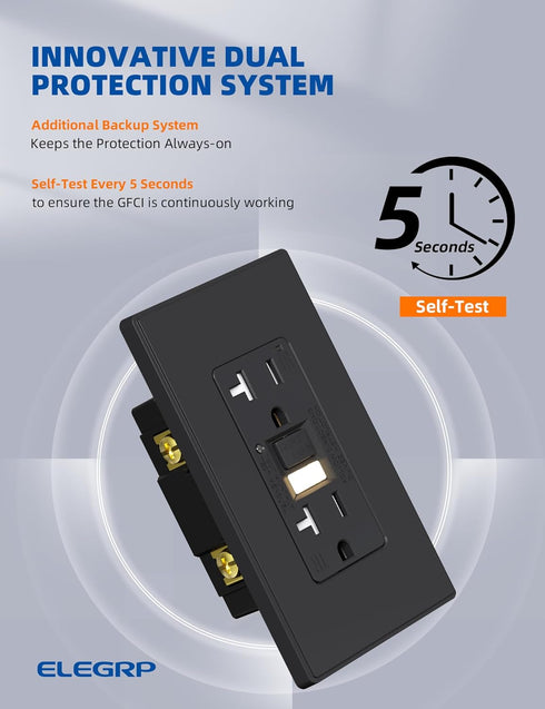 ELEGRP GFCI Outlet w/Nightlight, 20 Amp Self-Test GFI Electrical Outlet w/Thinner Design, Tamper Resistant GFCI Receptacle, Ground Fault Receptacl...
