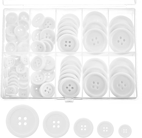 100 Pcs Resin Buttons for Sewing, Flatback Sewing Buttons 5 Sizes 4-Hole White DIY Buttons with Storage Box, Round Mixed Buttons for Crafts, Sewin...