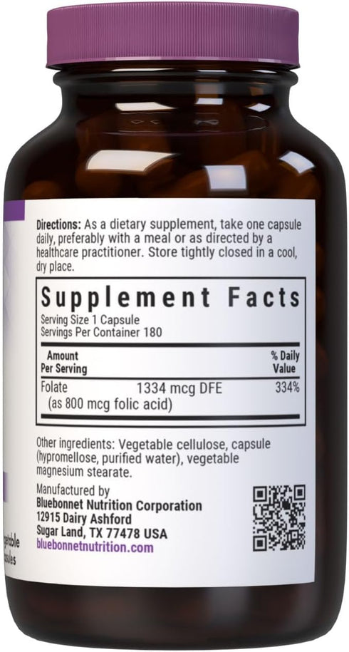 BlueBonnet Nutrition Folic Acid 800mcg, Healthy Neurological Development, Soy, Dairy & Gluten Free, Non-GMO, Kosher Certified, Vegan, Vegetable Ca...