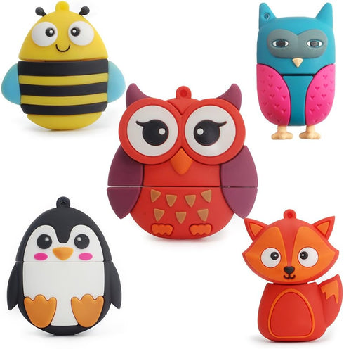 Flash Drive 5x16GB Thumb Drive Animals USB Flash Drive with Chain Bee Fox Owls Penguin Pen Drive Gift for School Kids and Students Valentine's Day...