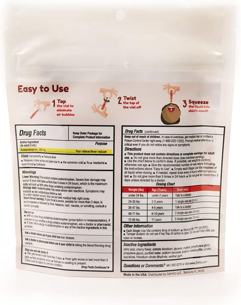 Dr. Kids Children's Pain and Fever Acetaminophen, Pre-Measured Single-Use Vials, Free from, Travel Compliant, 3.4 Fl Oz (20 Count)...