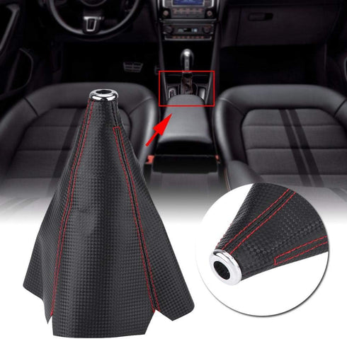 Aramox Gear Shift Knob Boot,Universal Black Carbon Fiber Style Gear Shift Knob Cover Red Stitch Gear Gaiter Boot Cover PU Leather Material...
