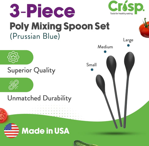 Crisp 3 Piece Poly Mixing Spoon Set - Plastic, Durable Kitchenware, Dishwasher Safe - Made in the USA - Black...
