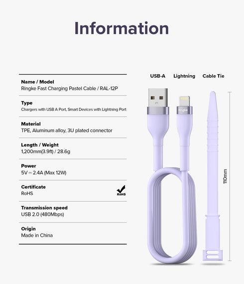 Ringke USB A to Lightning Charger Cable (1.2M / 3.94 FT) for High Speed Data Transfer, Fast Charging Pastel Cord Compatible with iPhone, iPad, and...
