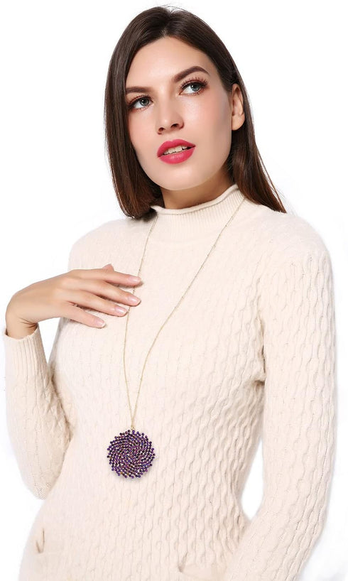 Long Pendant Necklace for Women - Womens Handmade Long Statement Beaded Crystal Large Disc Circle Pendant Gold Plated Sweater Chain Boho Necklaces...