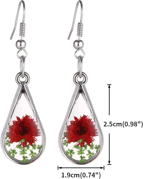 Red Turquoise Pressed Flowers Teardrop Drop Dangle Earrings Pendant Necklace Jewelry Set, 2 Colors...