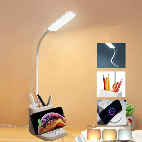 Small Desk Lamp with Wireless Charger, Desk Lights for Home Office - LED, White,Brightness Adjustment, 3 Color Modes,500LM, Study Lamp with Pen Ho...